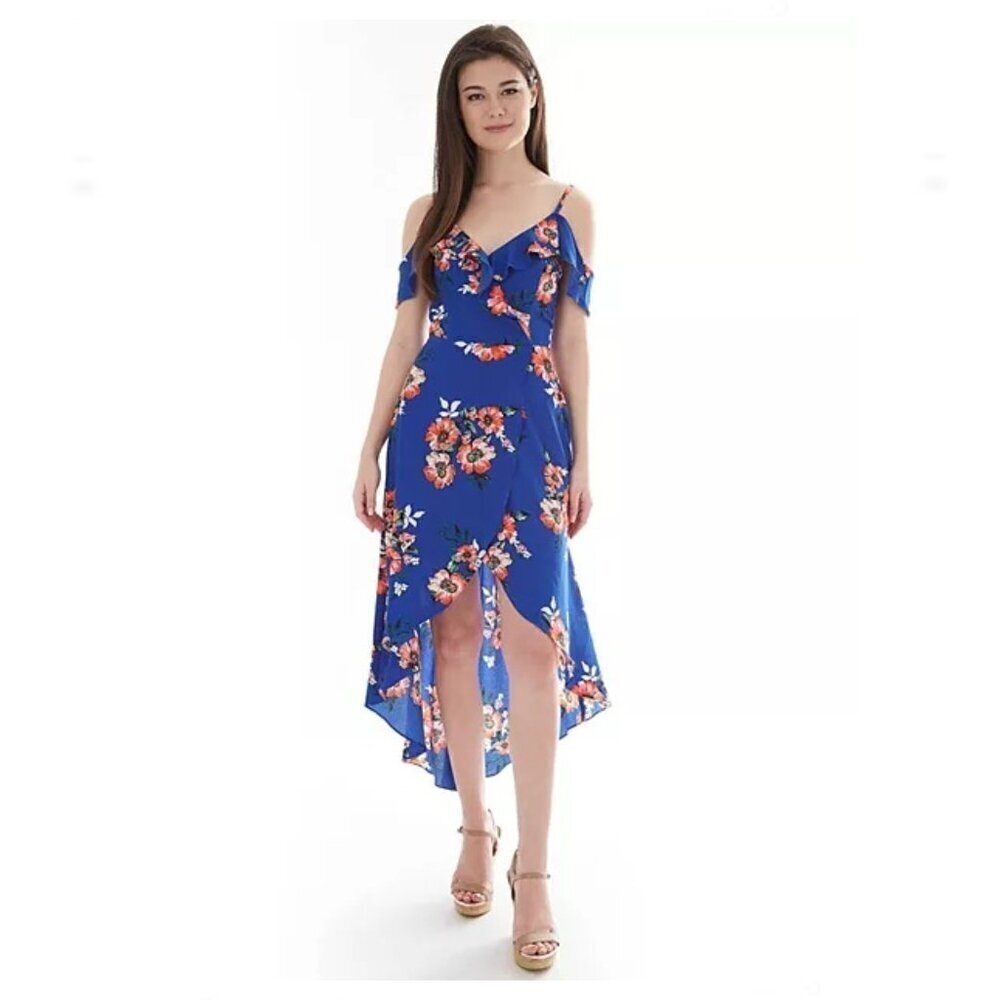 IZ Byer NWT Floral Hi Low Dress Size XL Faux Wrap Ruffle